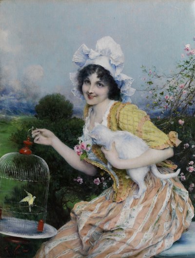 Ragazza con gatto e gabbia per uccelli da Francesco Vinea
